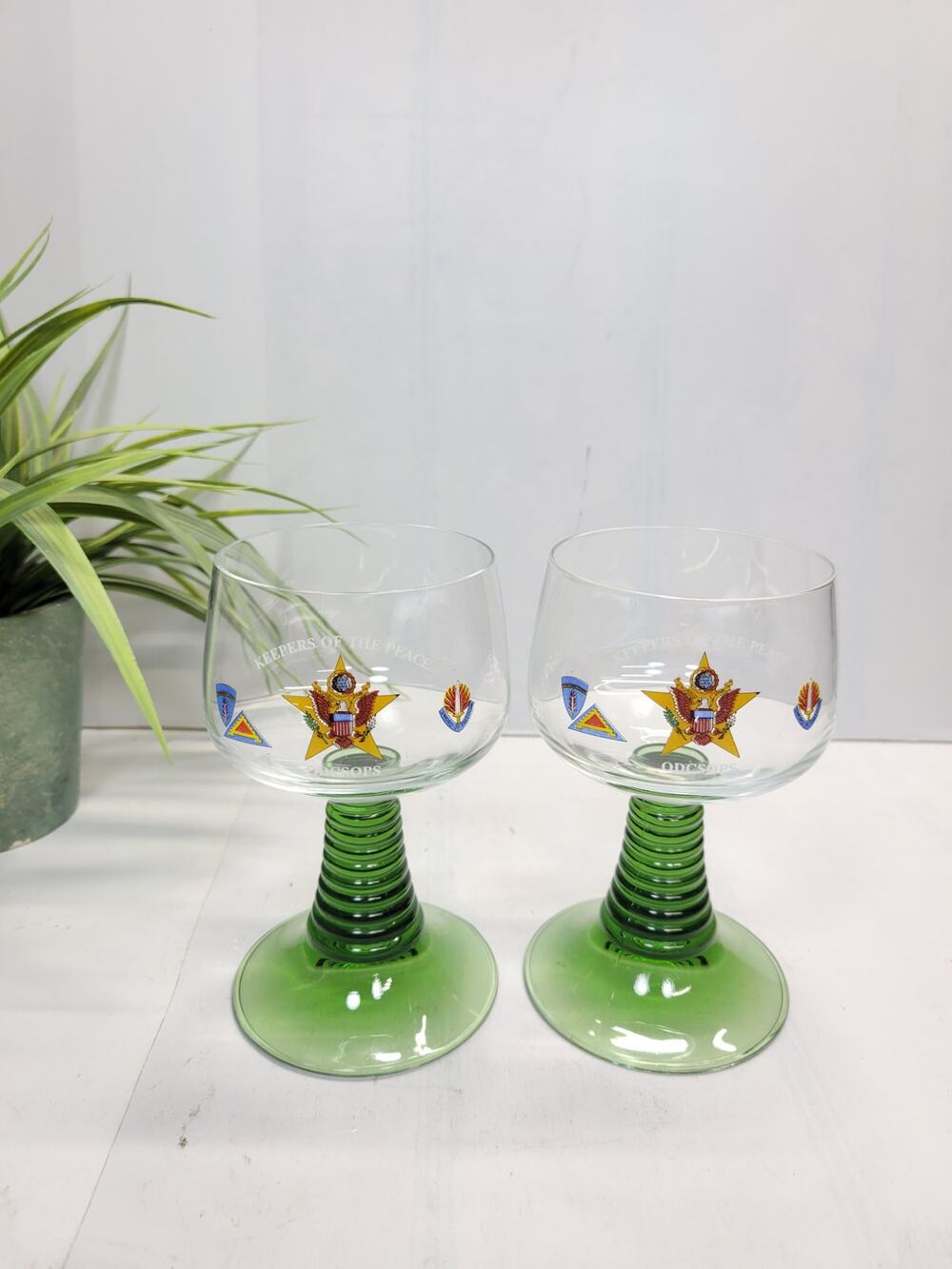 Vintage Keepers of the Peace Roemer Wine Glasses Green Beehive Stem Set